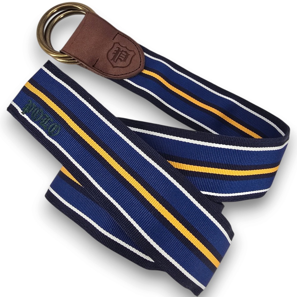 Polo Ralph Lauren Mens D-Ring Belt 36 Navy Blue Yellow Striped Ribbon Leather